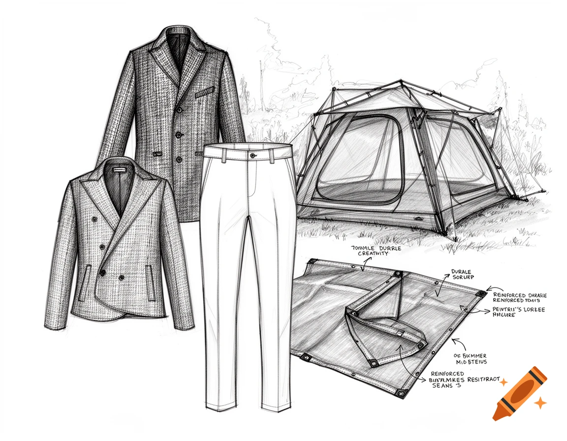 Technical sketch of two jackets, a pair of pants, a camping tent, and a tarp with design notes, all in black and white.