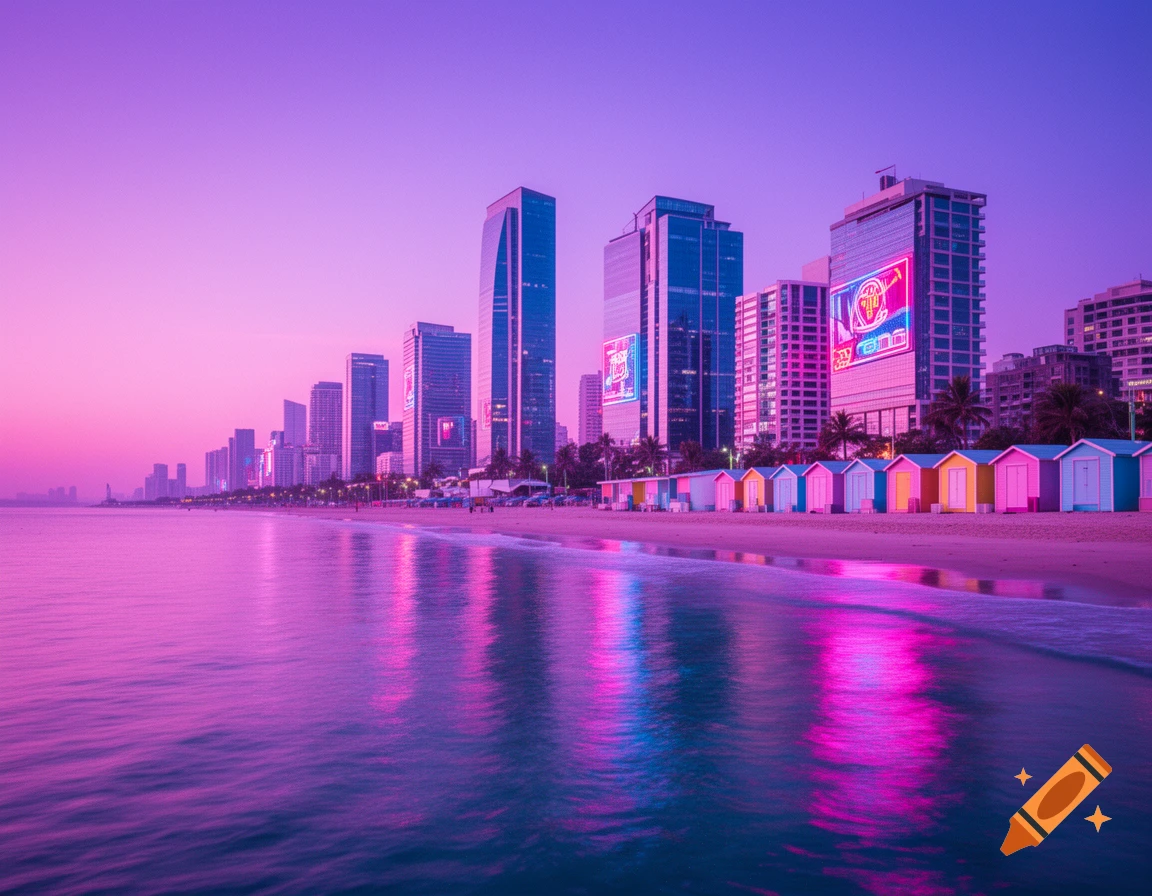 Vibrant purple and pink cityscape at sunset, with a beach, colorful huts, and reflections in calm water, in a retro wave style.