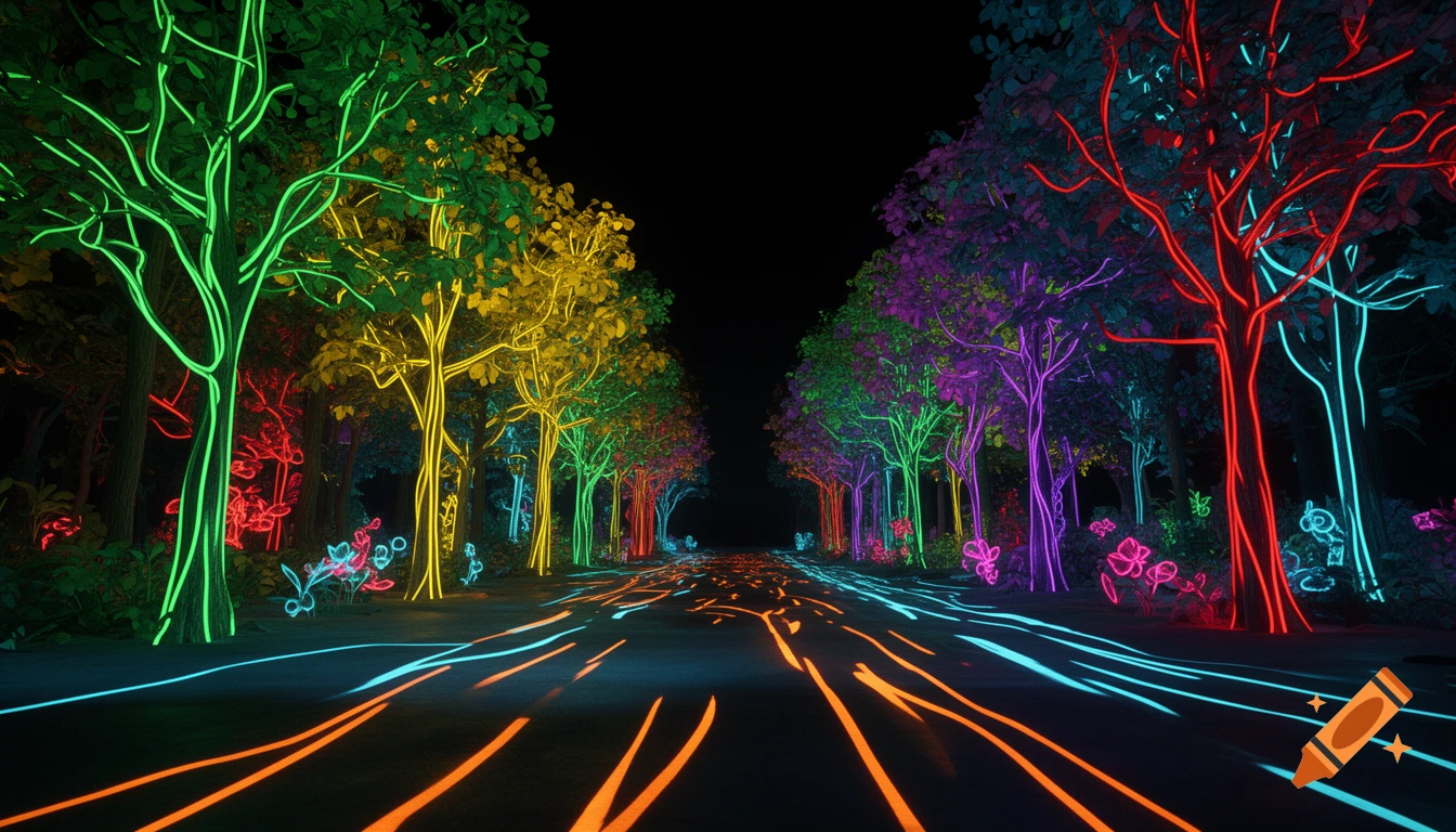Abstract landscape of a dark forest path lined with trees glowing in neon green, yellow, red, purple, and blue, with colorful light trails on the ground.