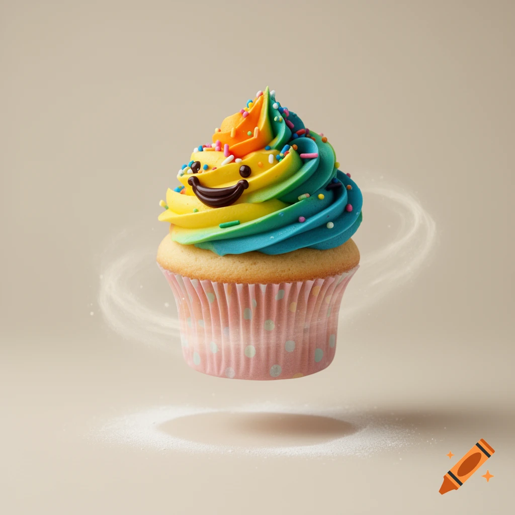 A colorful rainbow cupcake with a chocolate smile emoji face, floating amidst faint white swirls and sprinkles against a light beige background.