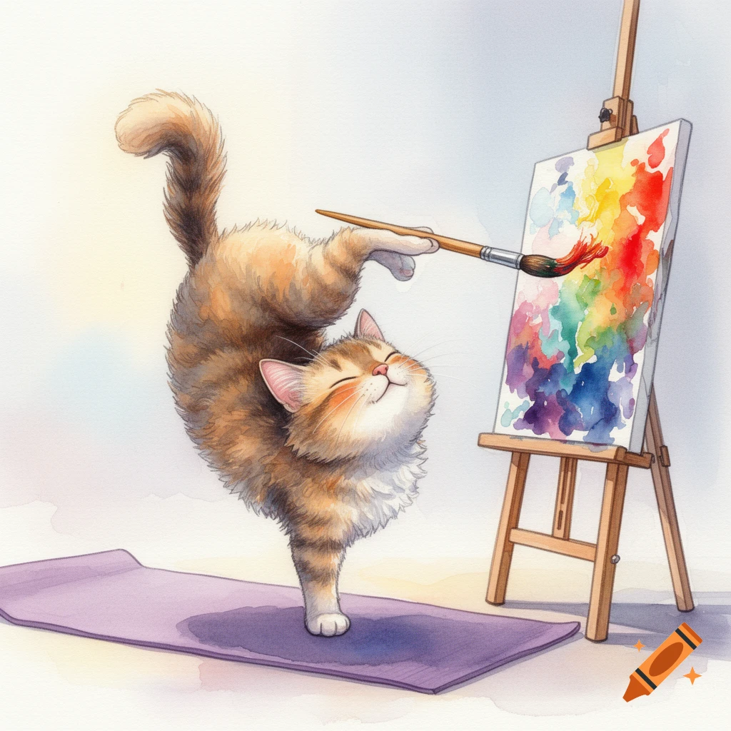 A fluffy cat balances on one paw on a yoga mat, holding a paintbrush with its tail to create a vibrant watercolor painting on an easel.