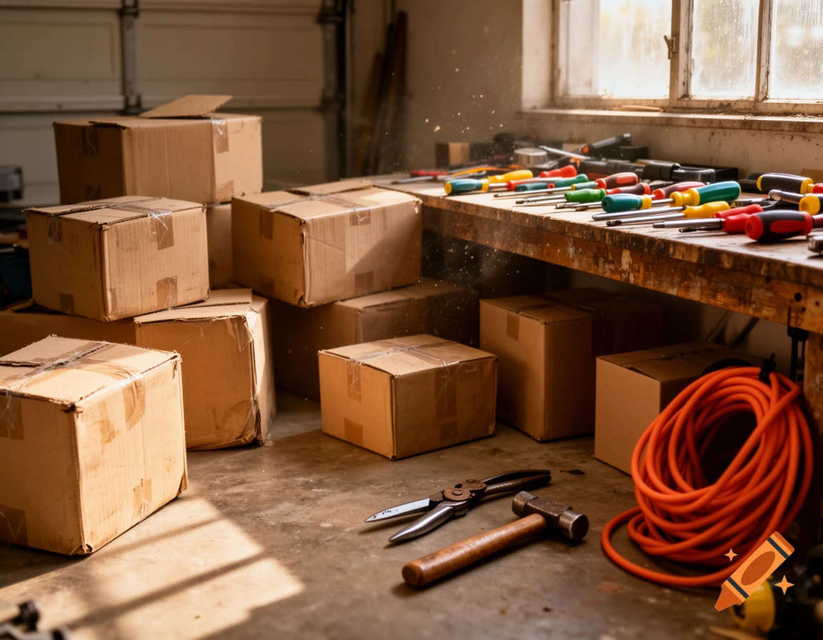 Cluttered photorealistic workshop with stacked cardboard boxes, a workbench full of tools, and an orange cable on a concrete floor.