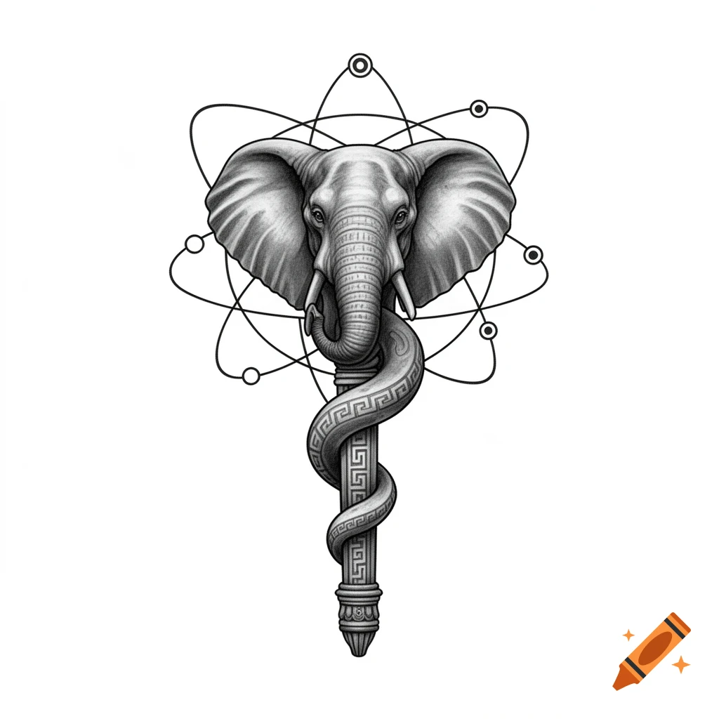 Black and white illustration of an elephant head atop a staff with a Greek key pattern, wrapped by a snake-like body, surrounded by atomic orbits.