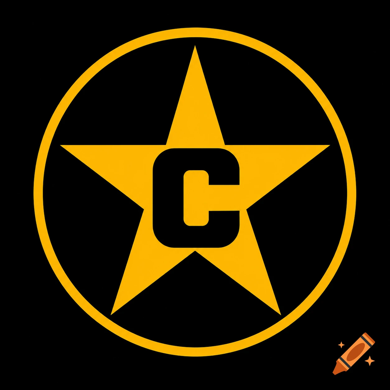 A gold five-pointed star with a black letter C in its center, encircled by a gold ring on a black background.