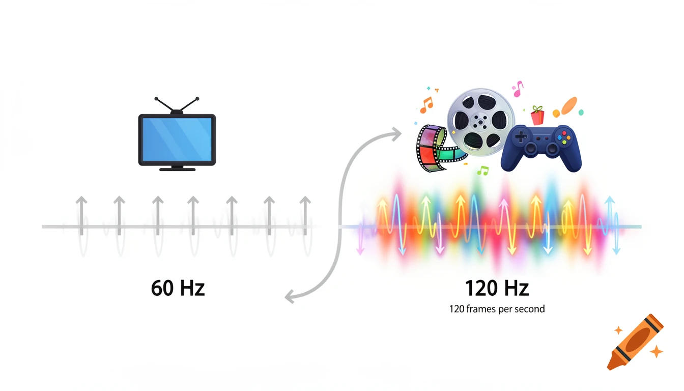 Infographic comparing 60 Hz and 120 Hz display refresh rates with TV, movie reel, and game controller icons.