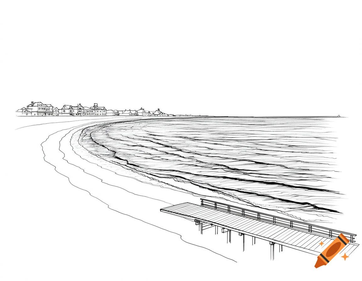 Black and white line drawing of Asbury Park beach with a pier in the foreground and buildings along the curved coastline.