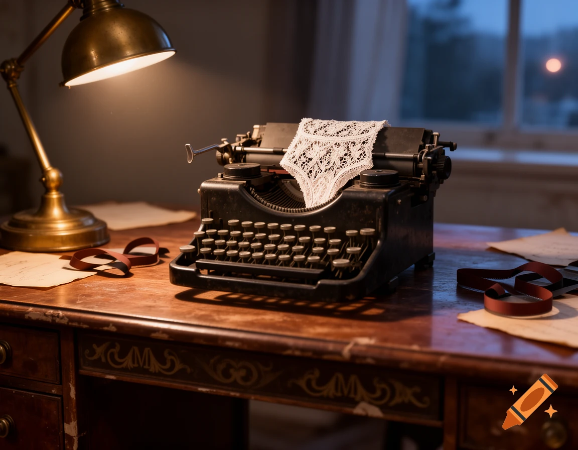A close-up shot of a vintage black typewriter with white lace panties draped over it, on a wooden desk with a brass lamp.