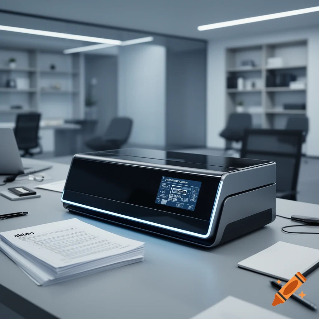 A modern, sleek professional document scanner with a digital display sits on an office desk, surrounded by stacks of paper and writing implements.