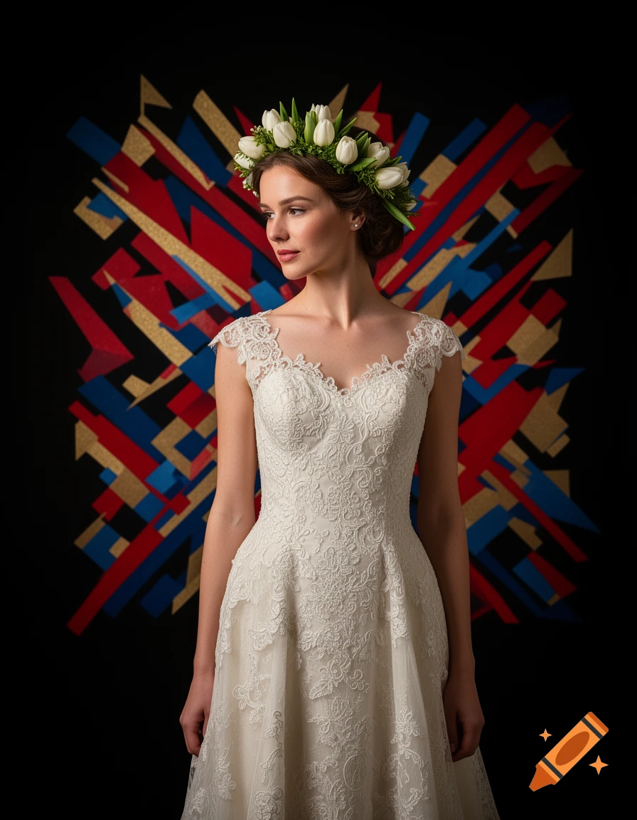 A bride in a white lace wedding dress and a tulip crown stands against a black background with abstract red, blue, and gold artwork.