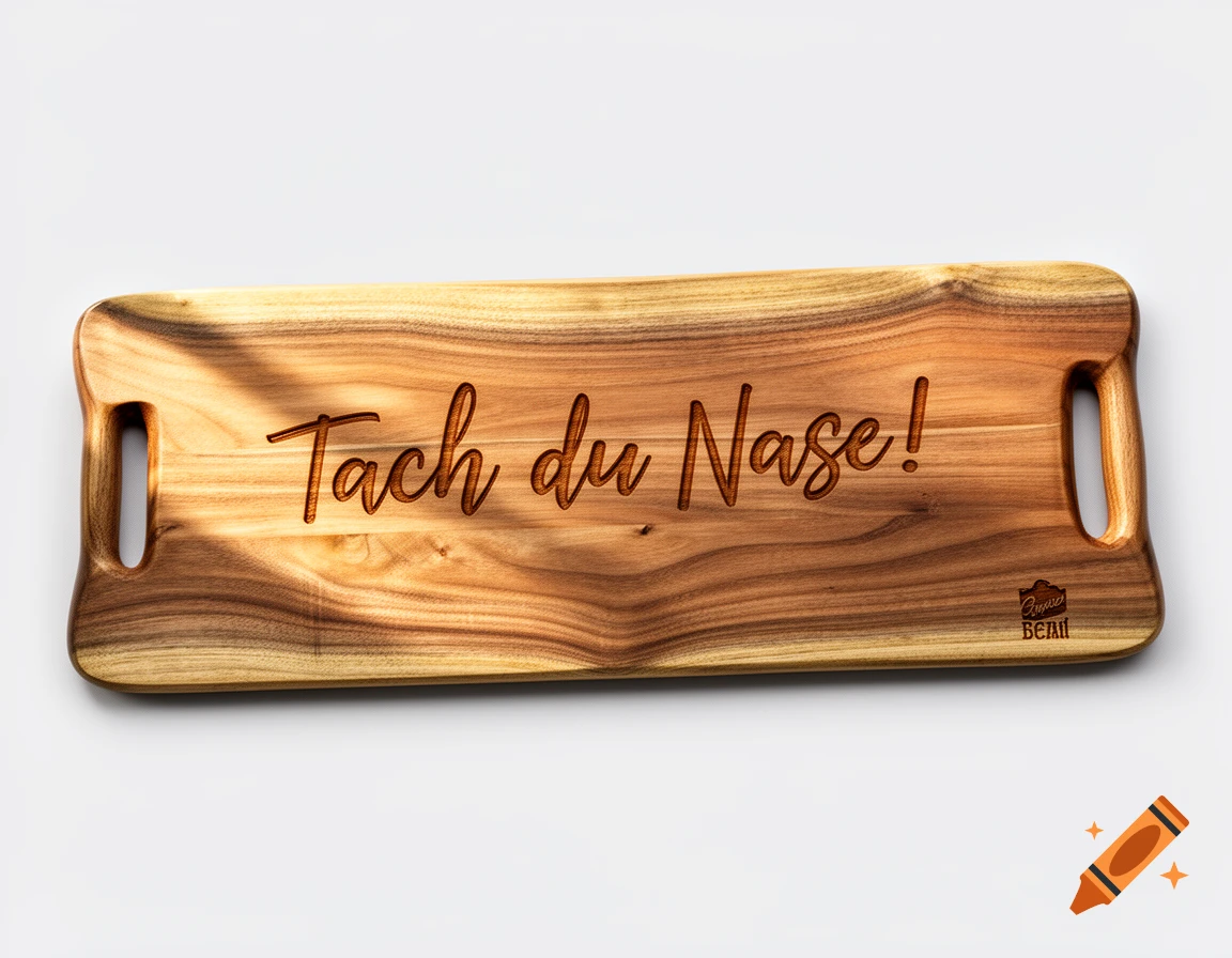 A wooden serving board with carved text "Tach du Nase!" and a logo.