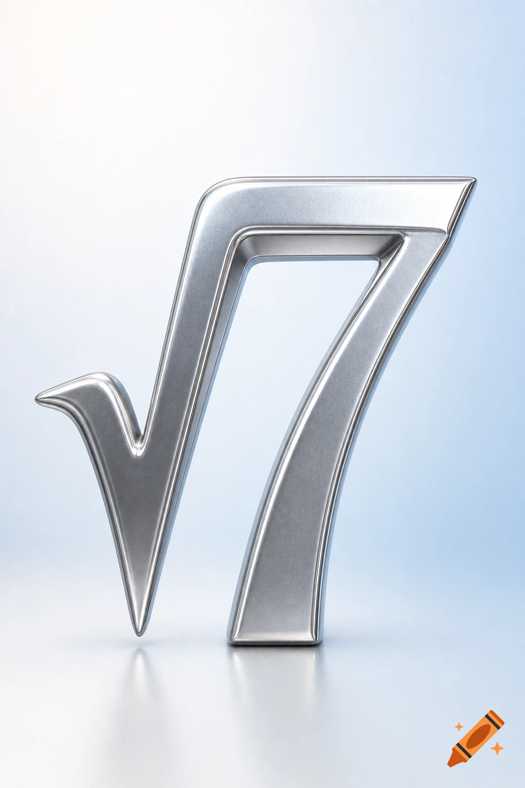 A shiny metallic 3D rendering of a square root symbol blended with the number 7, against a blue and white gradient background.