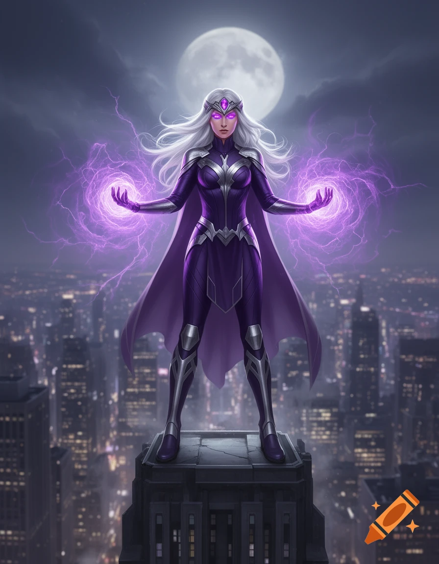 Female superhero with white hair, purple glowing eyes, and a purple outfit stands on a skyscraper, generating purple energy under a full moon over a city.