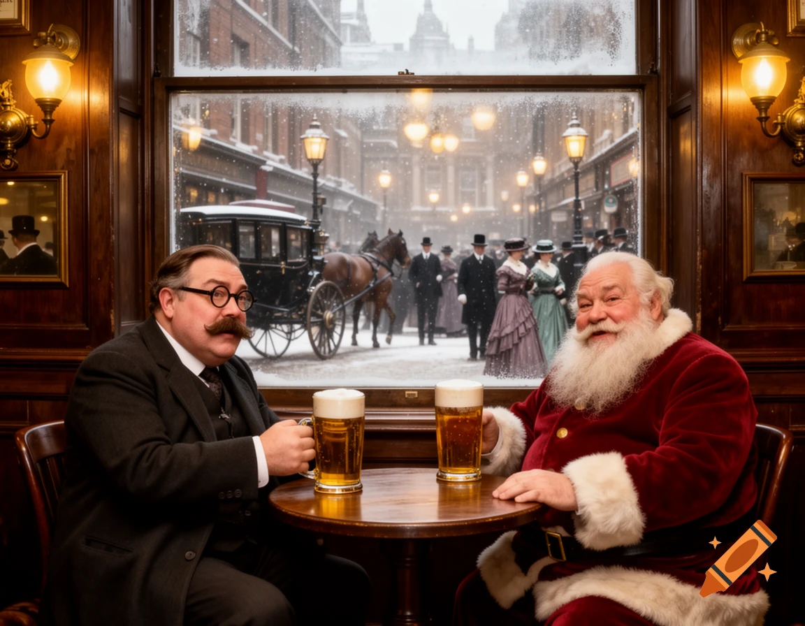 A man with a mustache and glasses sits opposite Santa Claus in a pub, both drinking beer. A snowy 1912 London street is visible through a window.