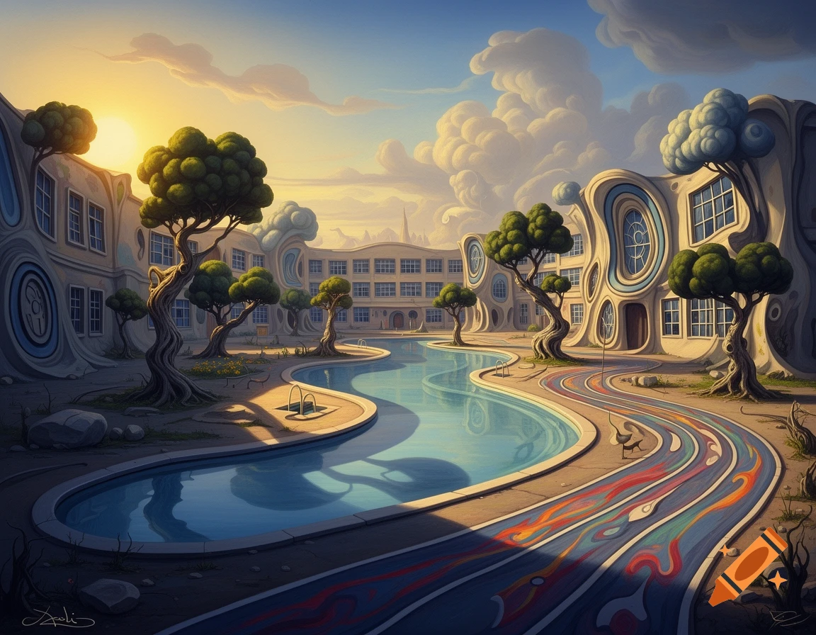 A surreal landscape inspired by Salvador Dali, featuring organic, melting buildings, a winding pool, twisted trees, and a colorful track under a bright sky.