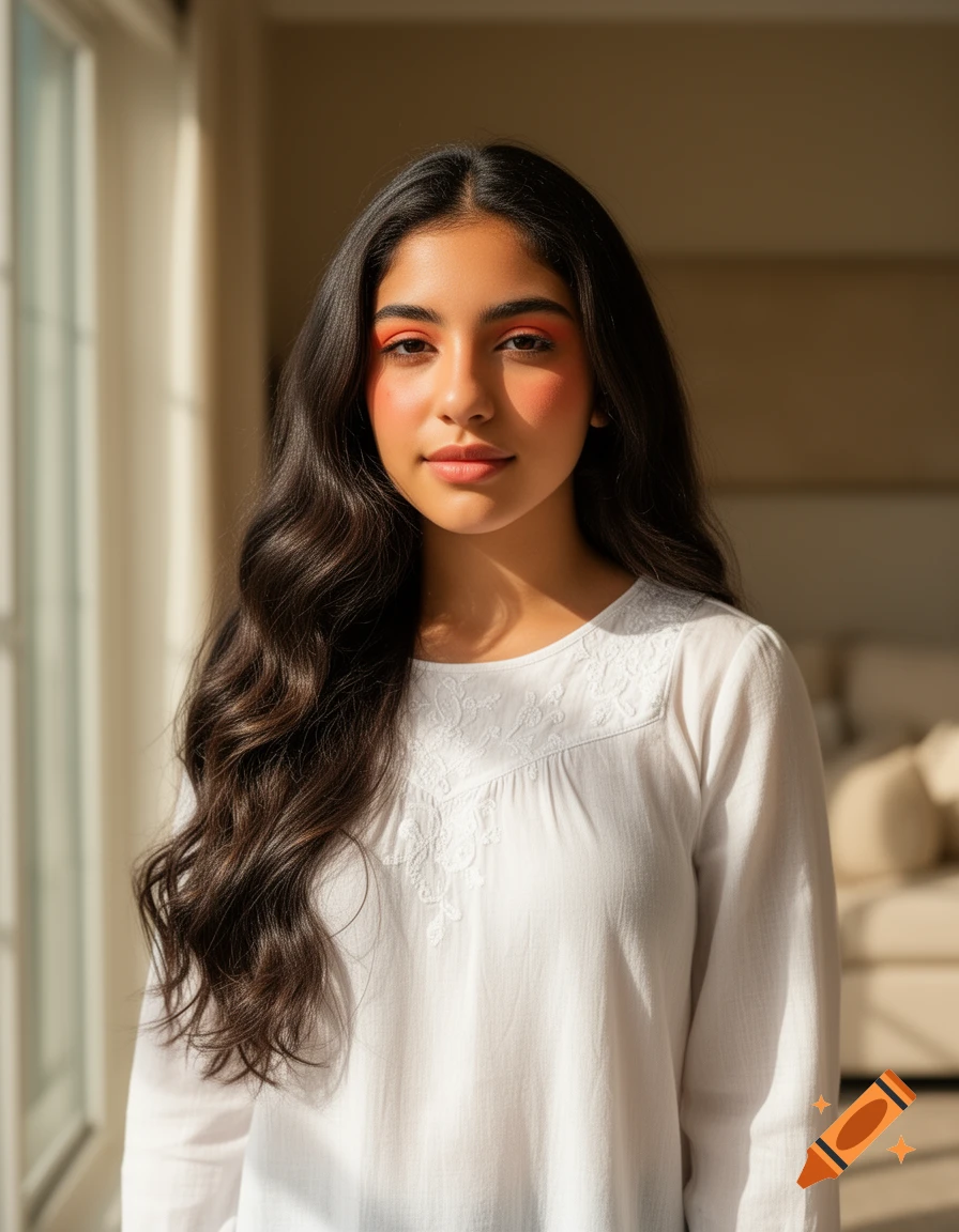 A young woman with long dark hair and orange eyeshadow wearing a white embroidered shirt, illuminated by sunlight indoors.