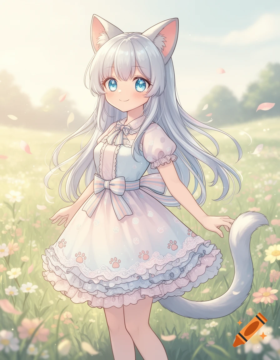 Smiling anime cat girl with white hair, blue eyes, and cat ears, wearing a frilly dress with paw prints in a sunny flowery field.
