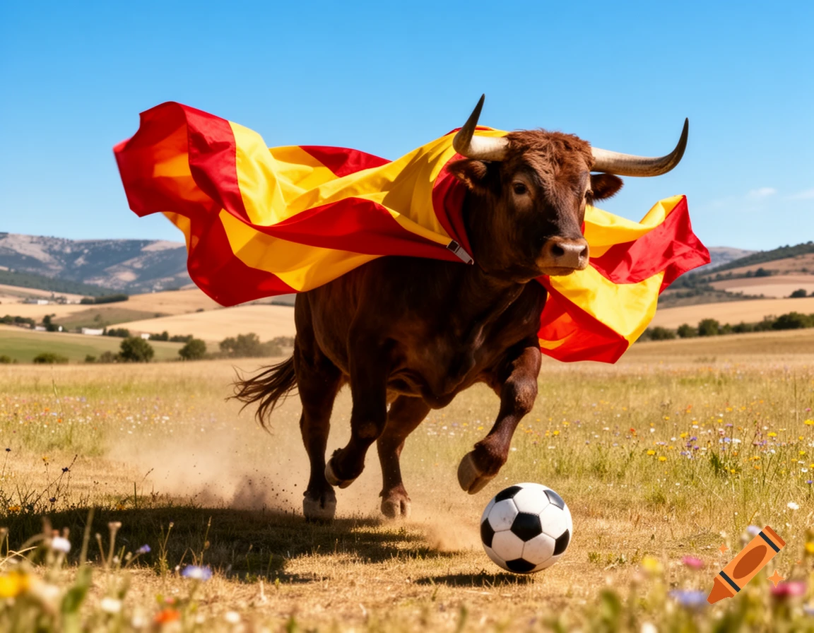 A powerful brown bull, draped in a flowing Spanish flag like a cape, charges across a sunny, wildflower-filled field, kicking a soccer ball.
