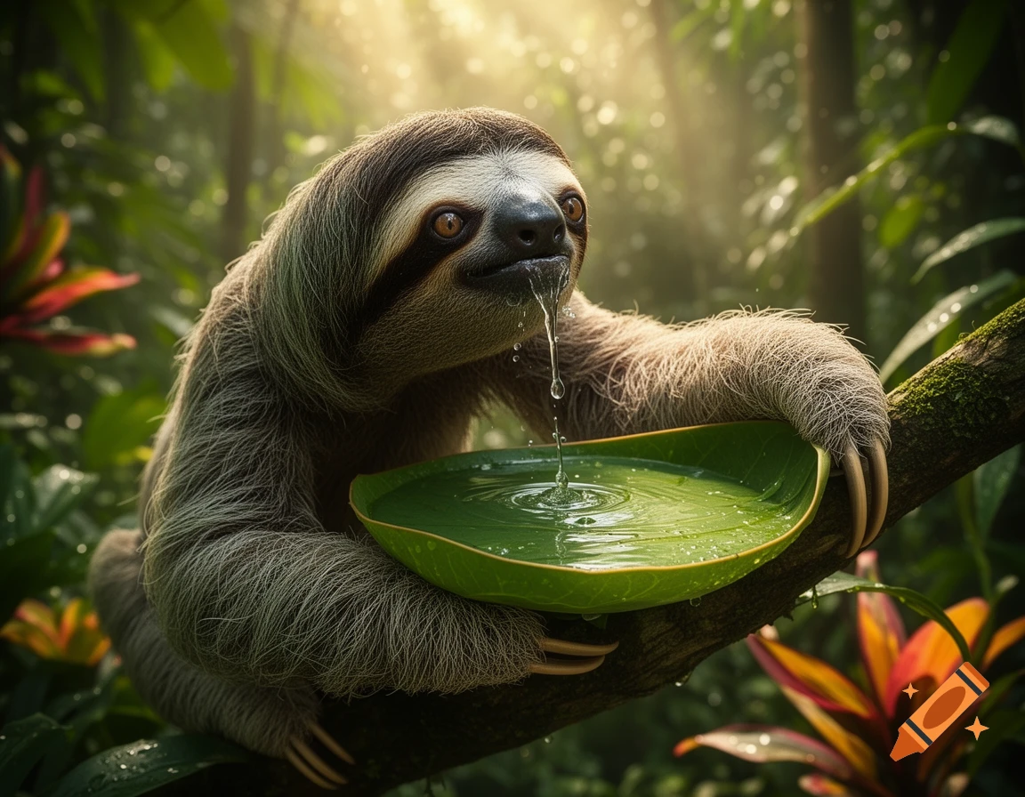 A photorealistic sloth drinks water dripping from its mouth into a green leaf in a vibrant jungle.