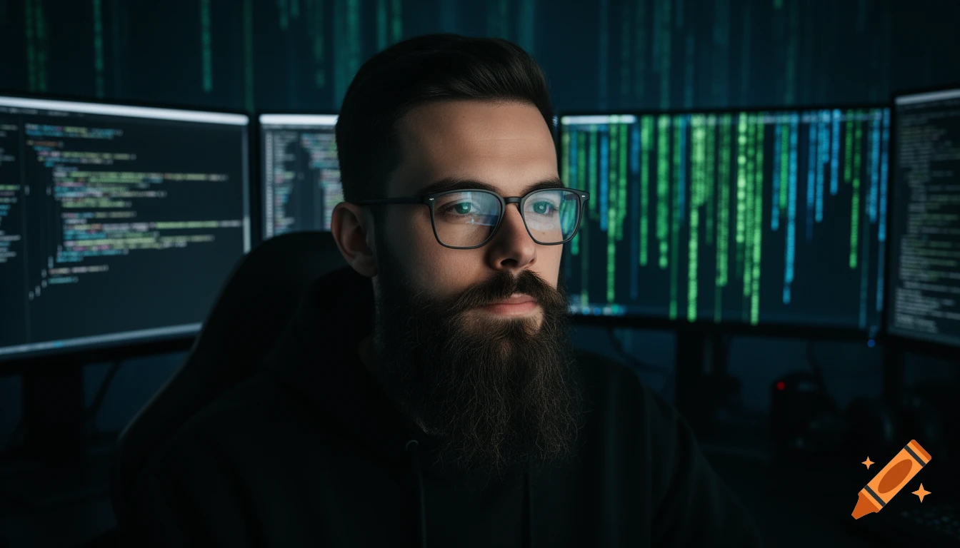 Photorealistic close-up of a bearded man in glasses and a black hoodie, focused on multiple glowing computer screens displaying code.