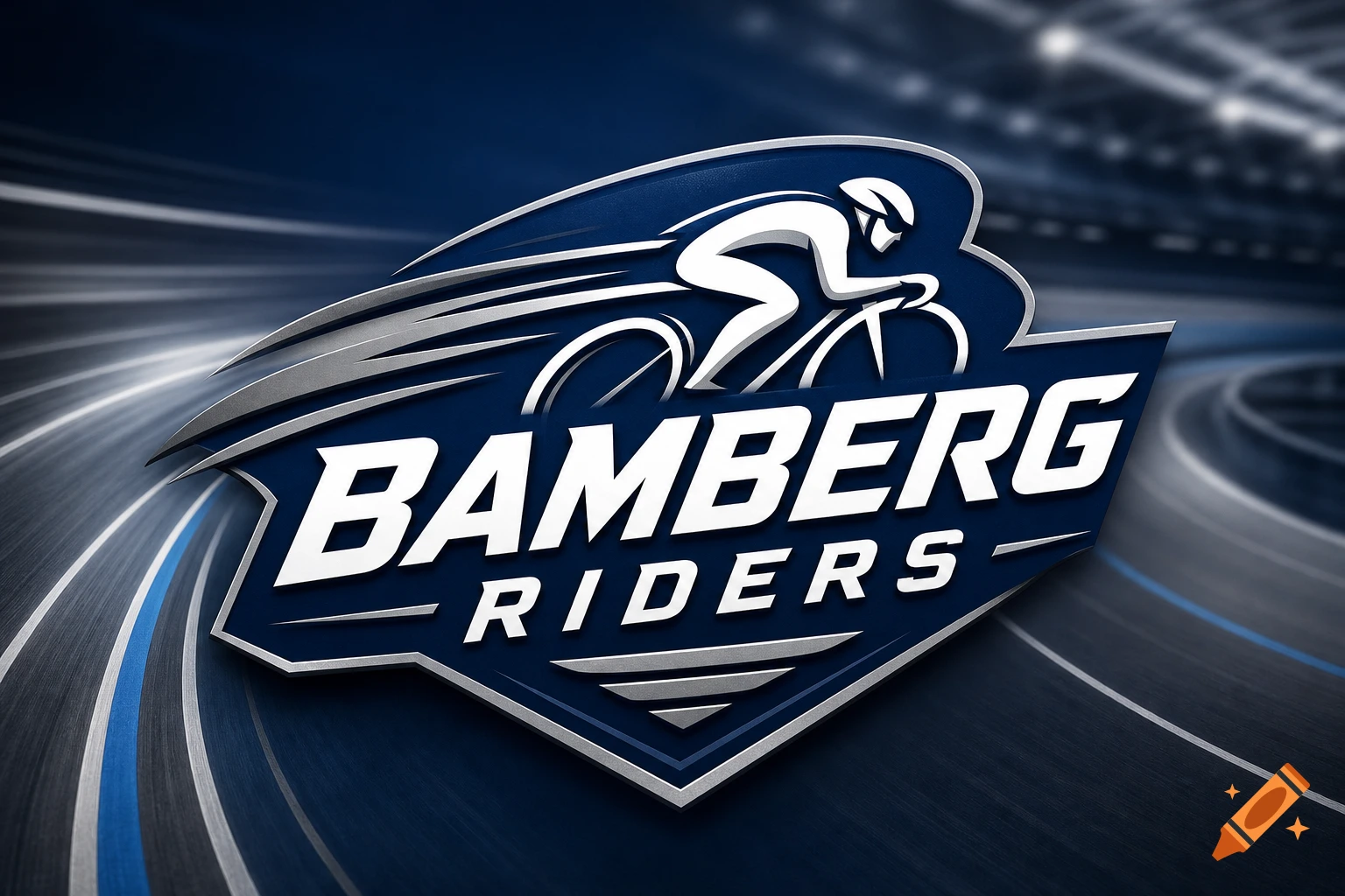 A sleek dark blue and silver logo for 'Bamberg Riders' featuring a stylized cyclist on a track.