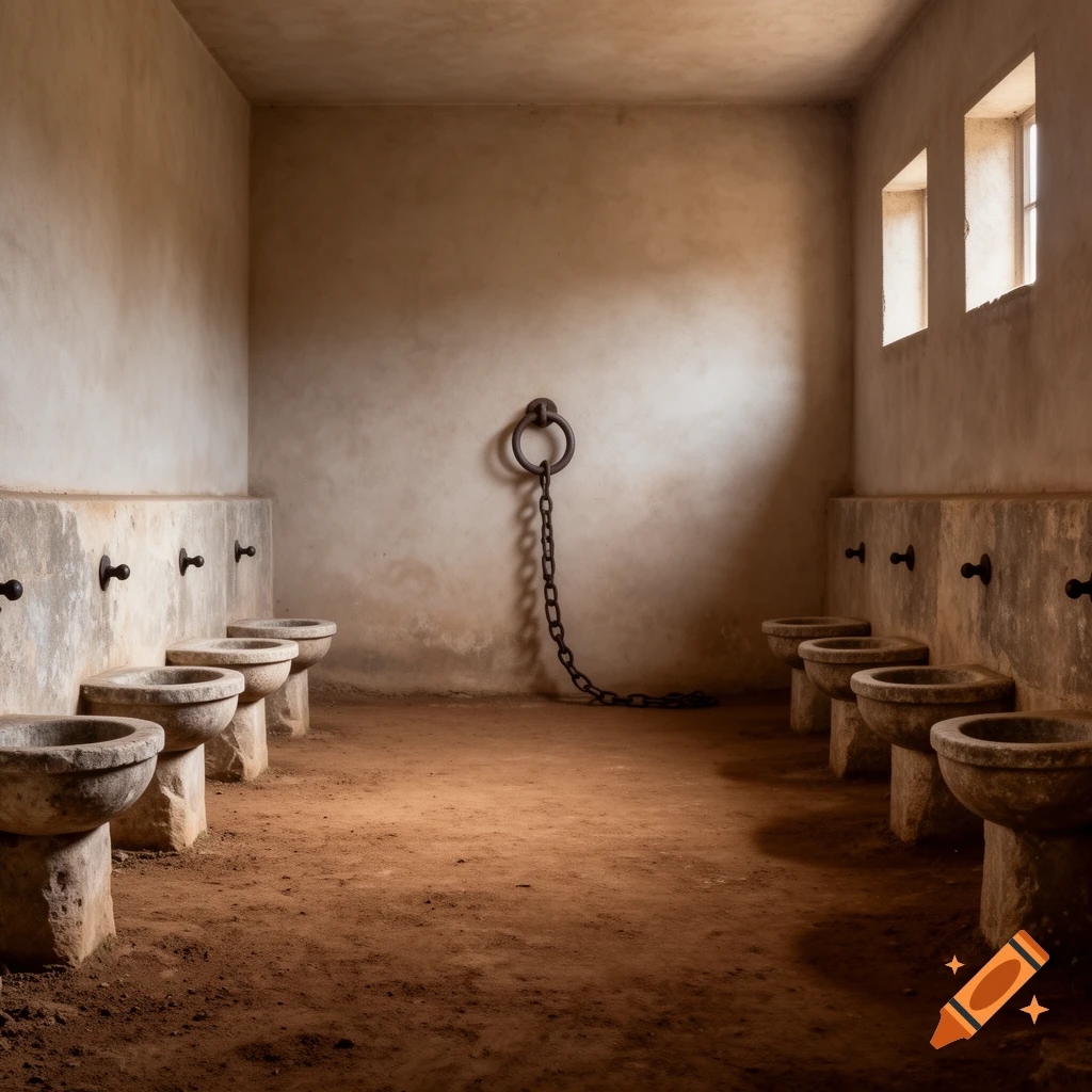 An ancient-style room with stone latrines, a dirt floor, and a heavy iron chain attached to the back wall. Sunlight enters through small windows.