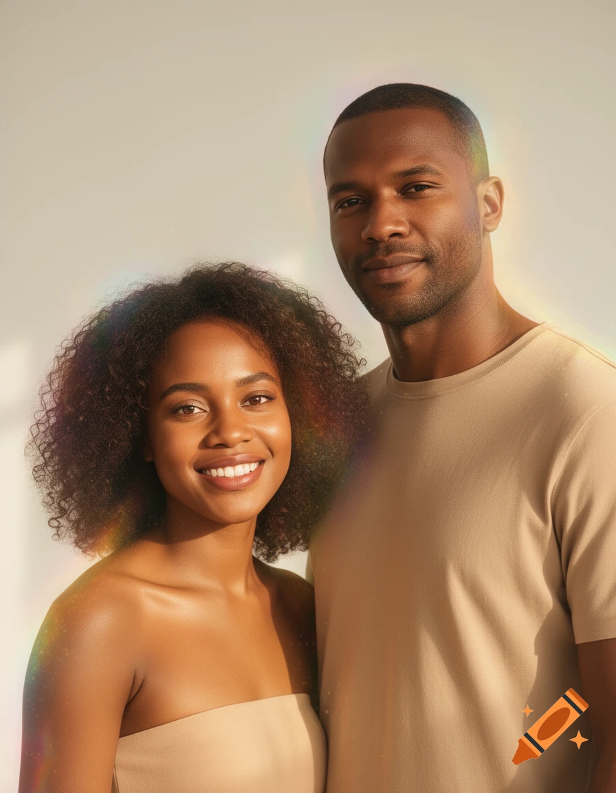 A smiling Black woman with curly hair and a strapless top stands next to a smiling Black man in a t-shirt, both with colorful light refractions.
