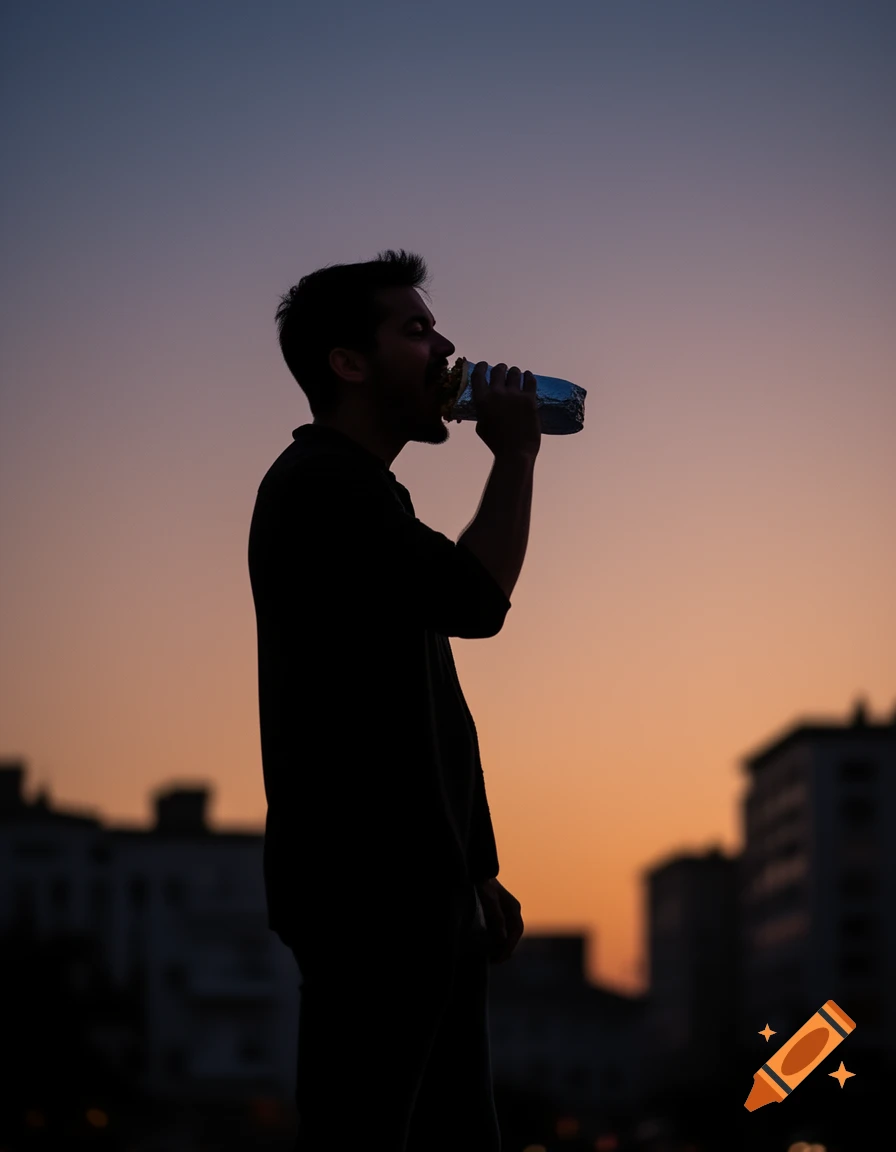 Silhouette of a man eating a burrito against a vibrant sunset sky with blurred city buildings in the background.