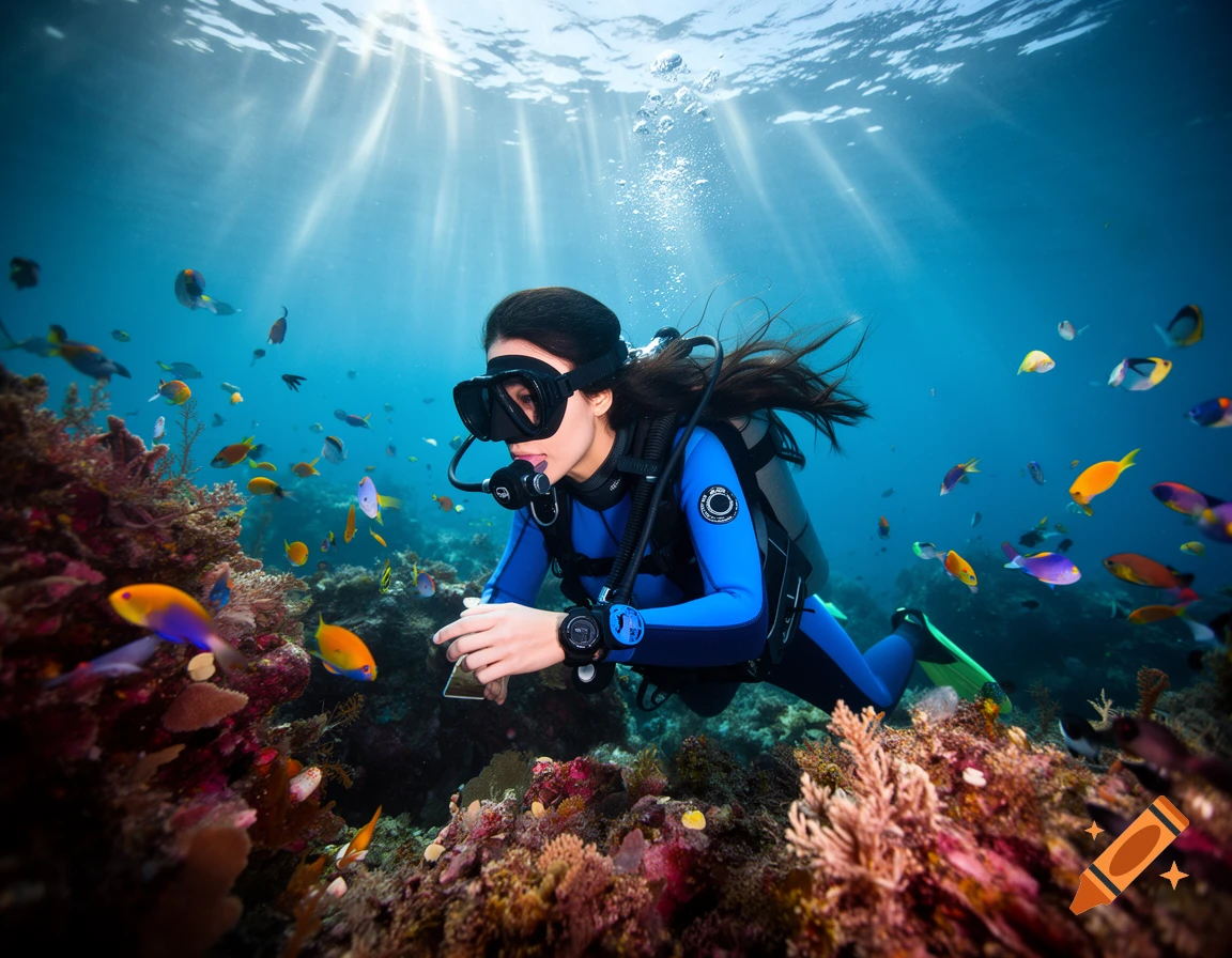 A woman in a blue wetsuit scuba dives over a vibrant coral reef, surrounded by colorful fish and sunlight streaming through the water.