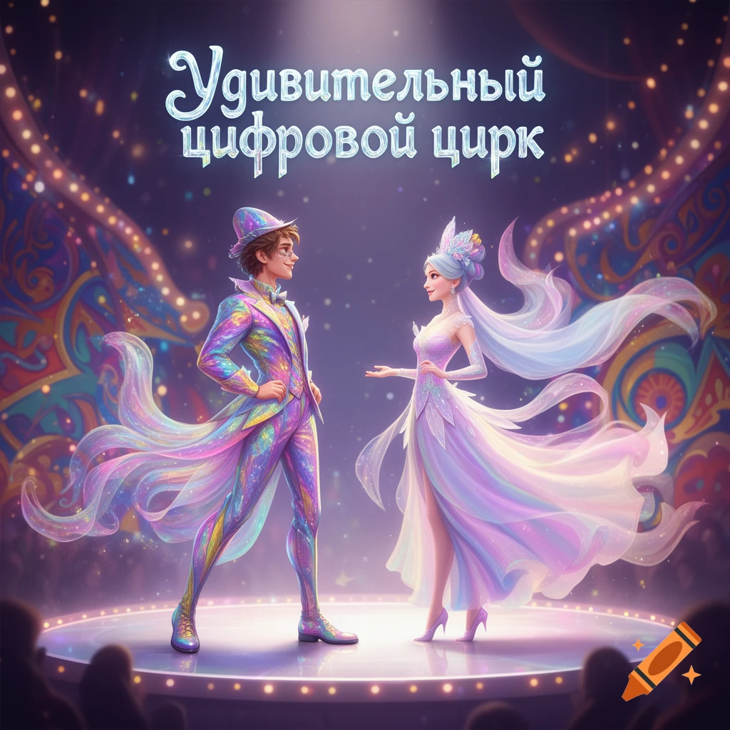A man and a woman in shimmering, multi-colored outfits stand on a stage with a twinkling circus tent background. Text reads 'The Amazing Digital Circus'.