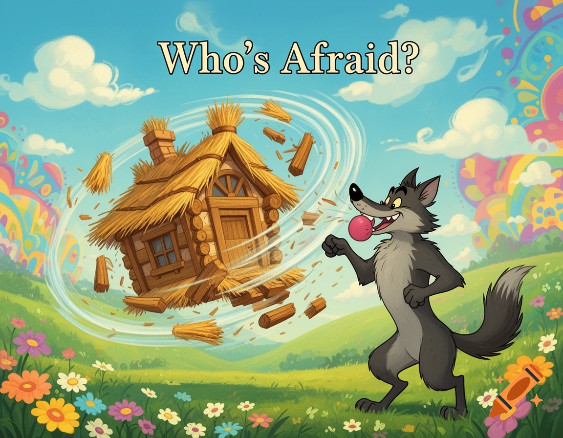 A cartoon wolf grins as it blows down a thatched house in a vibrant field, with 'Who's Afraid?' text.