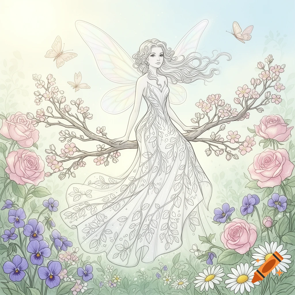 A coloring book style image of a fairy with delicate wings sitting on a tree branch, surrounded by colorful flowers and butterflies.