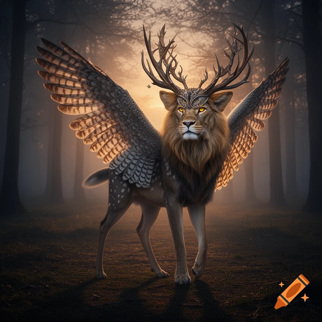 A majestic mythical creature with a lion's head, deer's body, feathered wings, and large antlers stands in a foggy forest at sunrise.