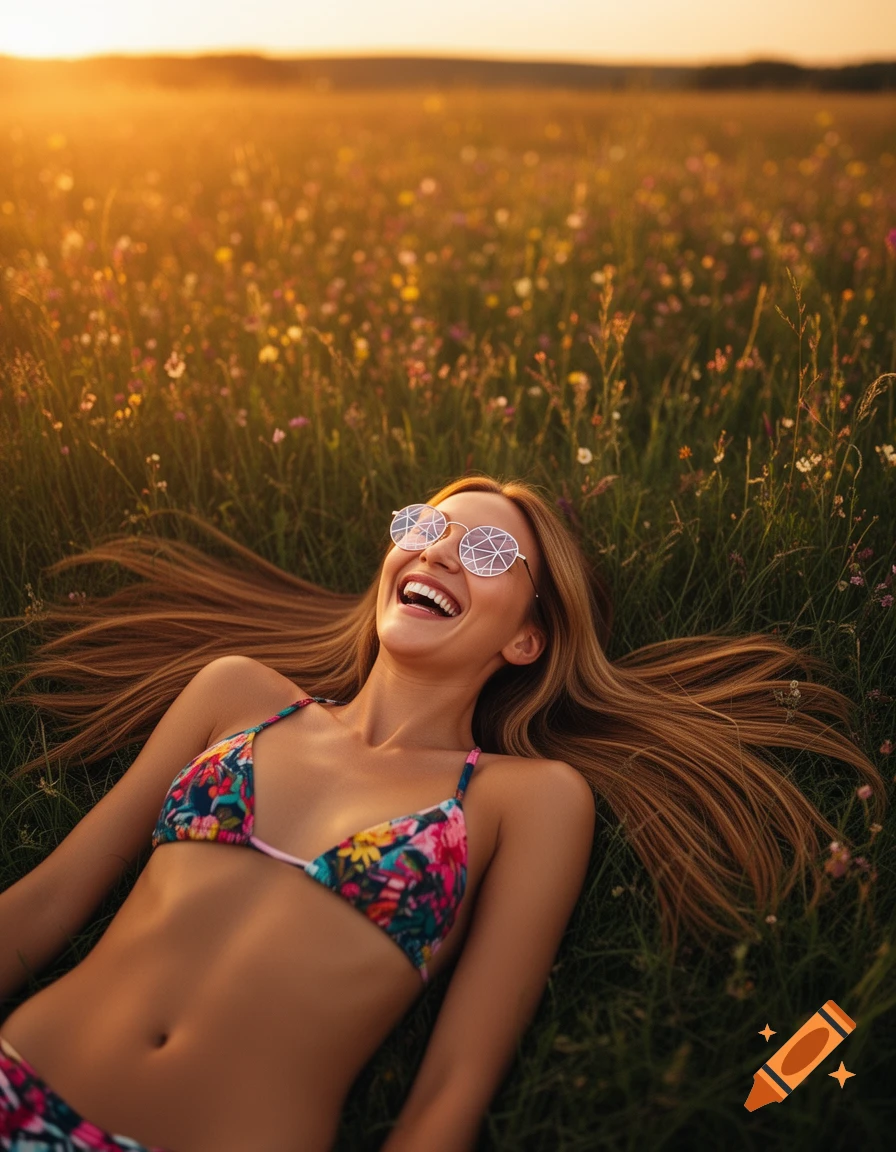 A woman with long hair and geometric sunglasses lies laughing in a meadow of wildflowers at sunset.