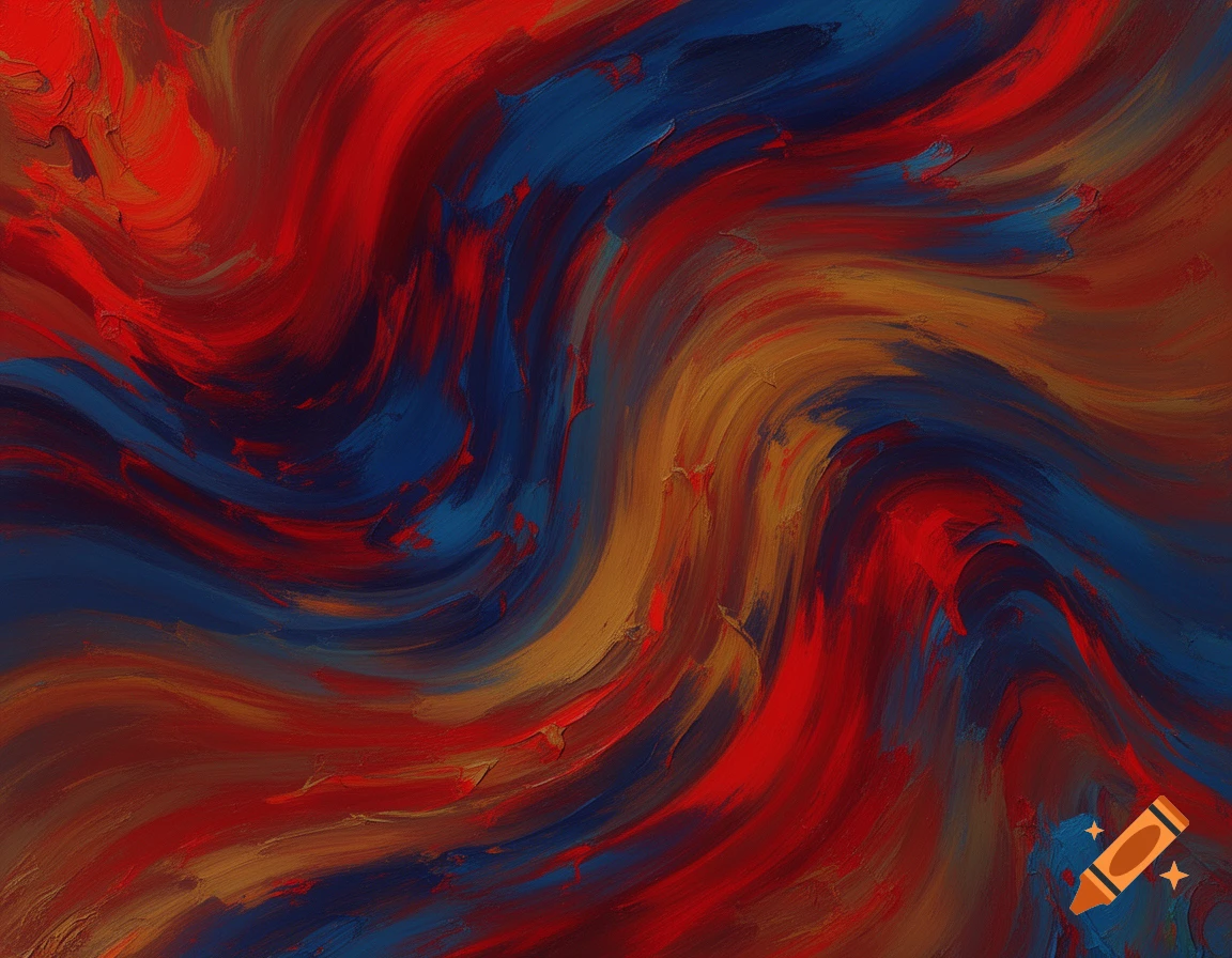 Abstract painting with swirling patterns of thick red, blue, and gold paint, in a style resembling squeegee art.