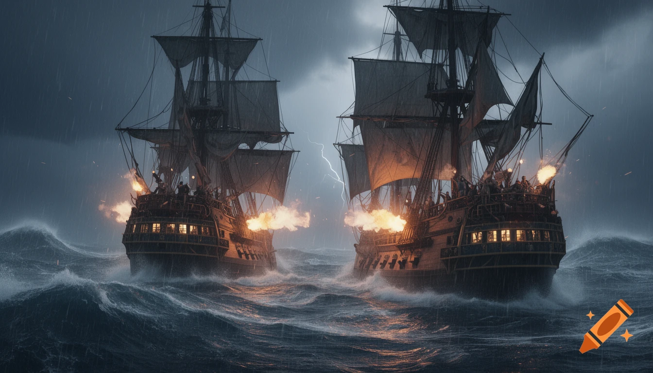 Two ancient sailing ships engage in a fierce naval battle amidst a stormy sea with rain and lightning, cannon fire blazing.
