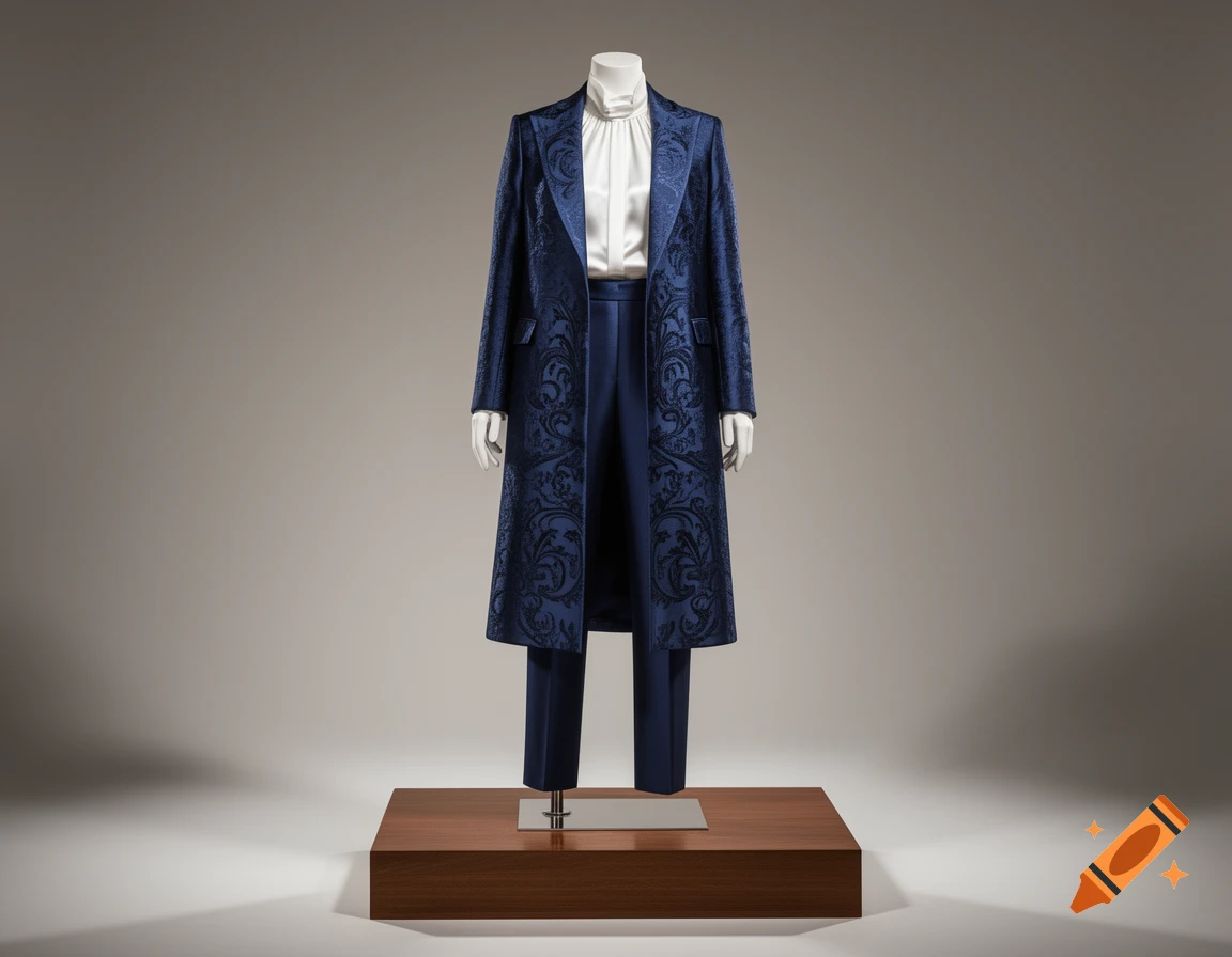 A mannequin displays a dark blue patterned coat and trousers with a white ruffled shirt on a wooden pedestal.