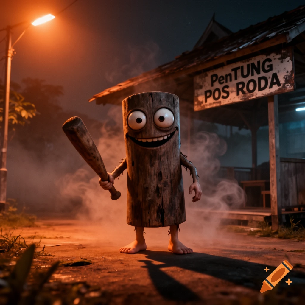 A creepy, barefoot wooden character with bulging eyes and an uncanny smile holds a bat under an orange streetlight, standing near a sign for 'PenTUNG POS RODA' in a foggy, eerie night scene.