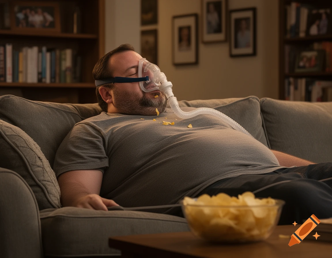 An overweight man sleeps on a couch with a CPAP machine, chip crumbs on his chin, and a bowl of chips nearby.