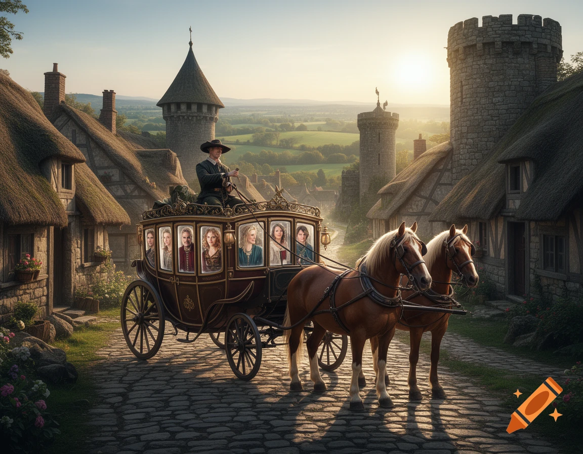 A richly decorated medieval carriage with a driver and six passengers, pulled by two horses, travels through a cobblestone village at sunset.