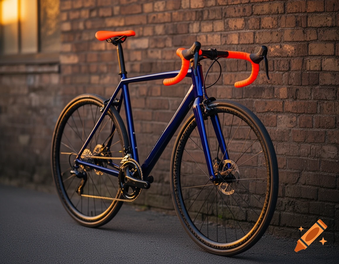 A dark blue road bike with neon orange handlebars and seat leans against a textured brick wall bathed in golden hour light.