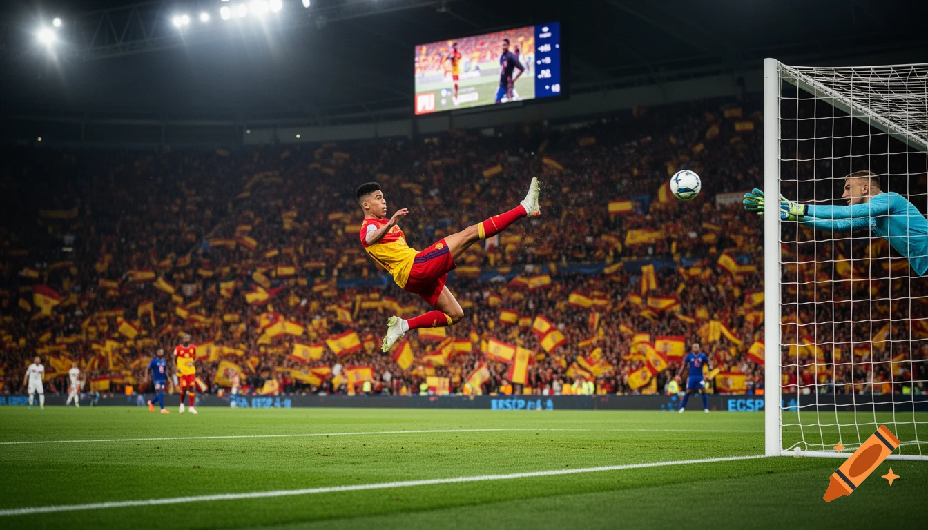 A soccer player in a red and yellow uniform performs an acrobatic overhead kick, sending the ball towards a diving goalkeeper in a crowded stadium.