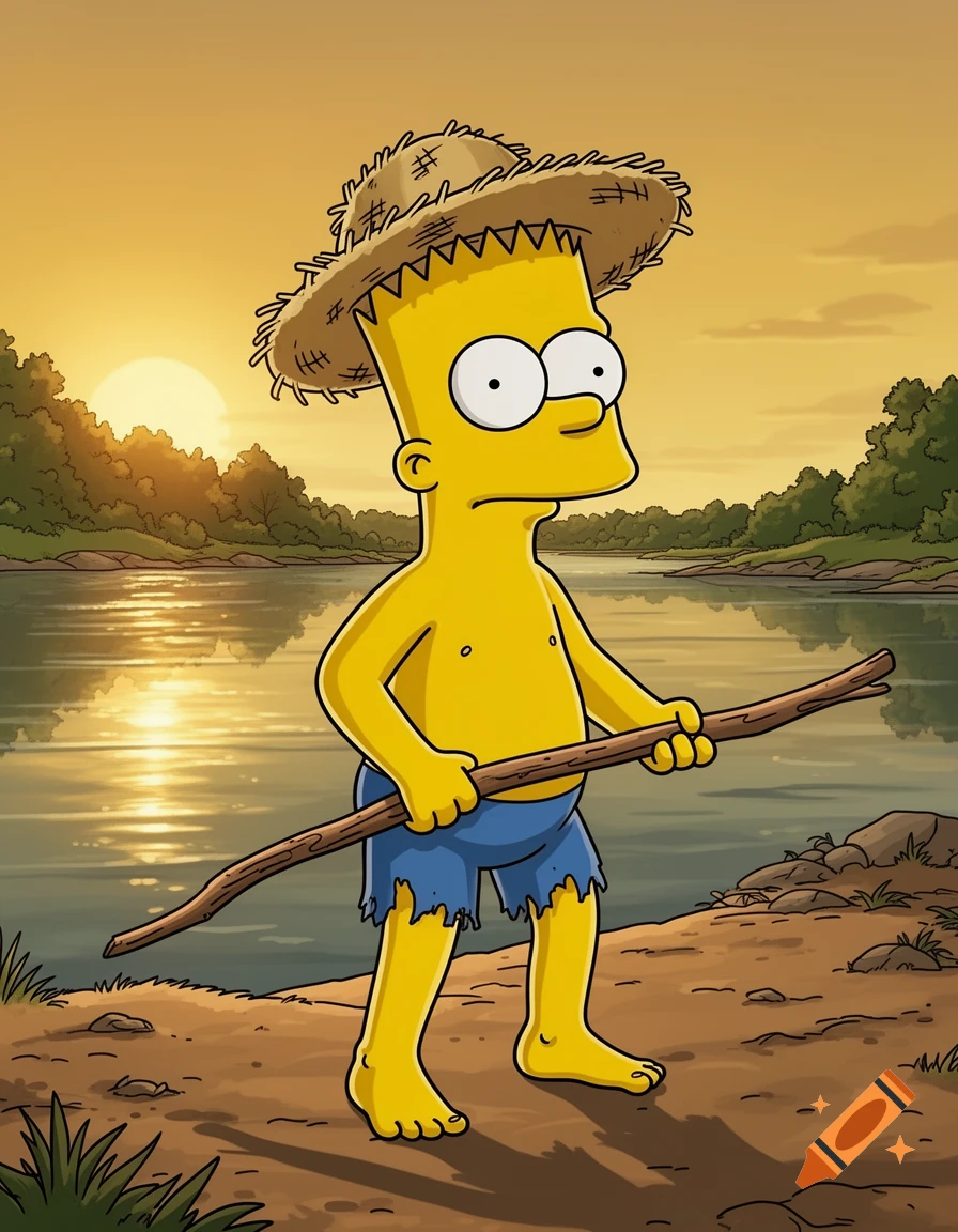 Cartoon Bart Simpson shirtless in a straw hat and torn shorts, holding a stick by a river at sunset.