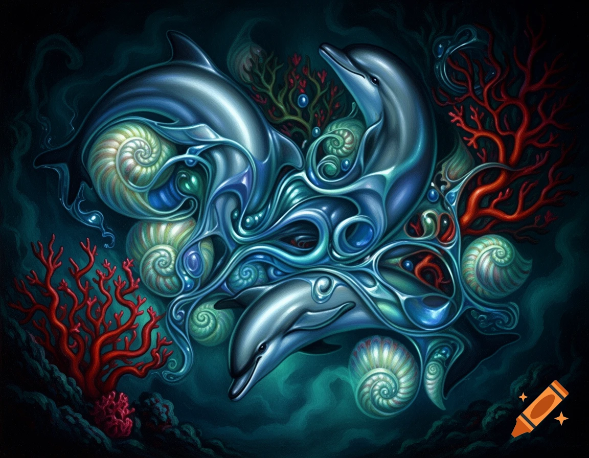 Surreal dark art of intertwining blue dolphins with biomorphic seashells and red coral in a deep ocean scene.