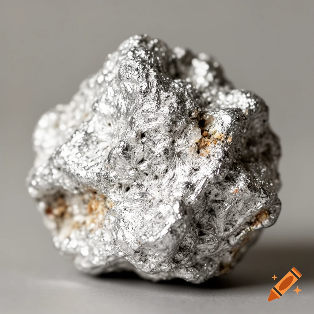 A close-up, high-definition photograph of a textured silver-grey mineral with some brown inclusions, on a light grey background.