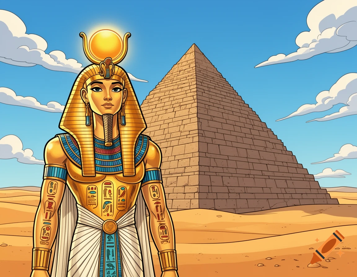 Cartoon style depiction of an Egyptian pharaoh or god with a golden headdress and traditional attire, standing in front of a pyramid in a desert.