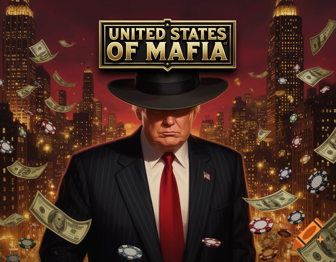 An illustration of Donald Trump as a mob boss, wearing a fedora and suit, with money and poker chips falling over a city skyline at dusk, under a logo reading 'UNITED STATES OF MAFIA'.