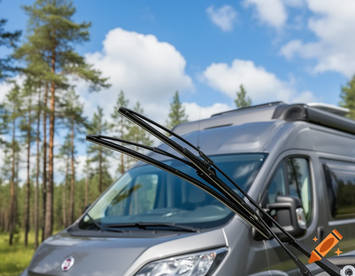 A grey Fiat Ducato camper van with its windshield wipers raised, parked in a forest clearing under a blue sky.
