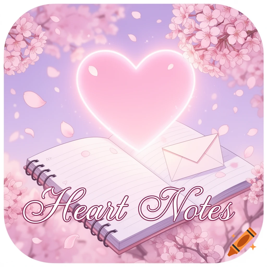 An anime-style icon featuring a glowing pink heart above an open notebook with "Heart Notes" and an envelope, surrounded by cherry blossoms and falling petals against a pastel sky.
