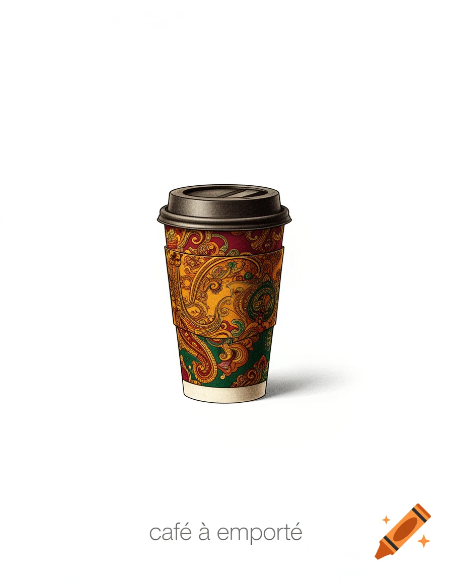 A stylized take-away coffee cup with a colorful, intricate vintage Bollywood paisley pattern, on a white background with 'café à emporté' text below.