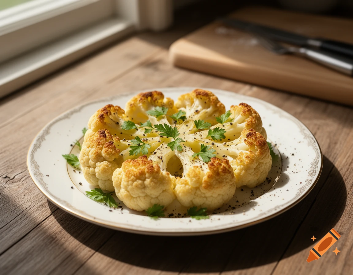 Roasted cauliflower head on a white plate with gold trim, garnished with parsley and black pepper, on a wooden table.